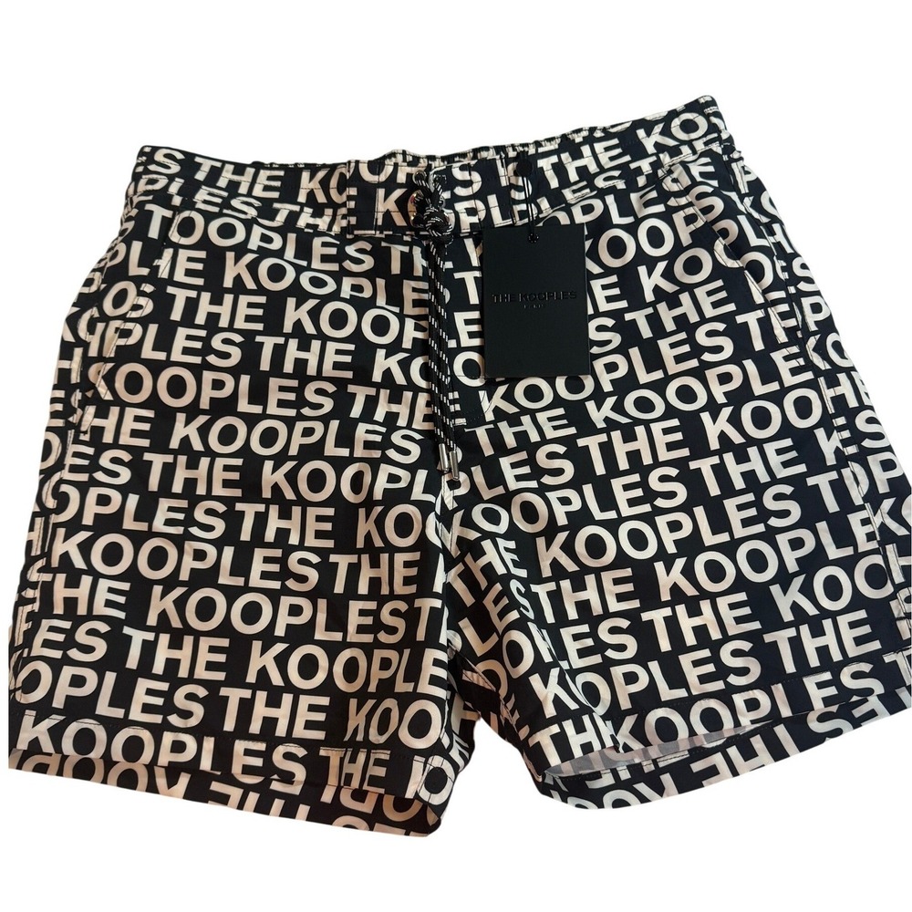 The Kooples Mens Logo Print Swim Trunks Black White Board Shorts Size L NEW